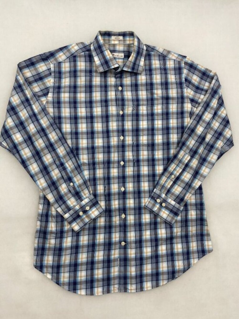 Peter Millar Crown Comfort Plaid Button Down Shirt Blue Tan Men's L